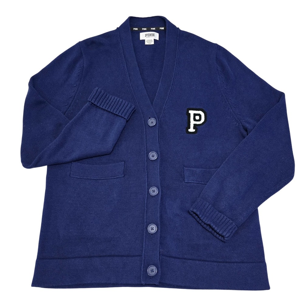 PINK‎ Victoria's Secret Womens Cardigan Sweater Blue Letter P Button Front L